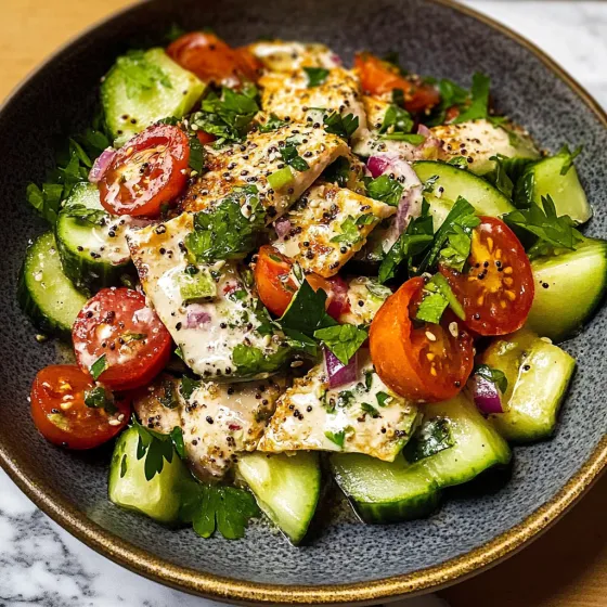 A bowl of food with tomatoes, cucumbers, and meat.