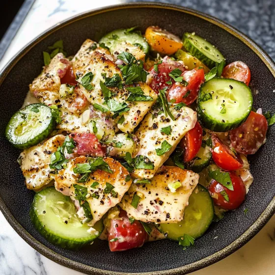 A bowl of food with chicken, tomatoes, cucumbers, and herbs.