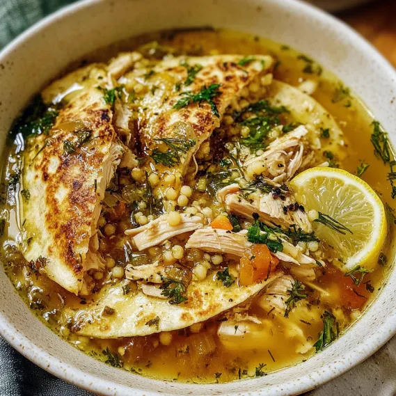 A bowl of soup with chicken and vegetables.