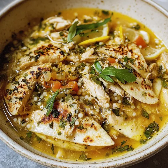 A bowl of soup with chicken and vegetables.