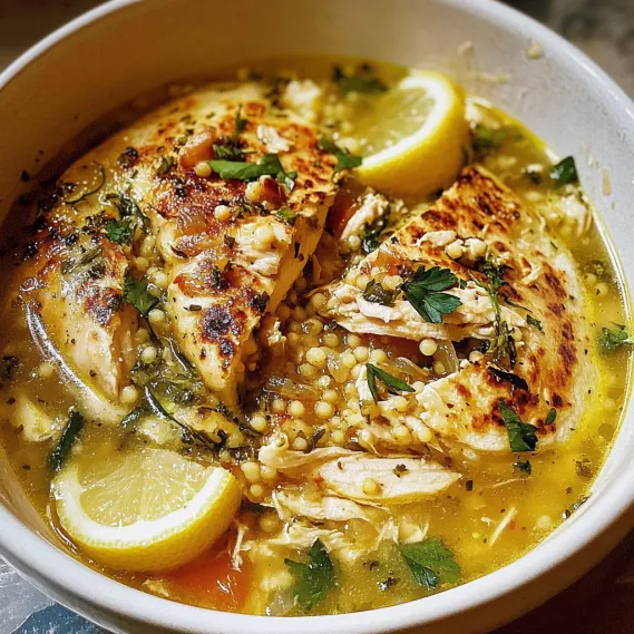 A bowl of soup with chicken and lemon.