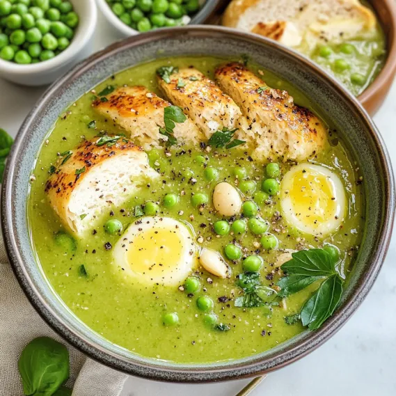 A bowl of soup with chicken, peas, and eggs.
