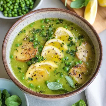 A bowl of soup with peas and lemon slices.