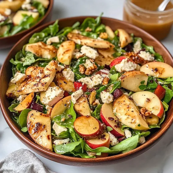 A bowl of salad with apples, nuts, and blue cheese.