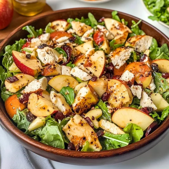 A bowl of salad with chicken, apples, and greens.