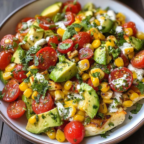A bowl of food with tomatoes, corn, avocado, and cheese.