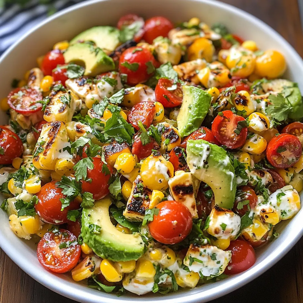 A bowl of food with tomatoes, corn, and avocado.