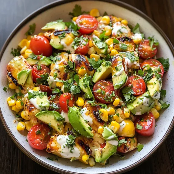 A bowl of food with tomatoes, corn, and avocado.