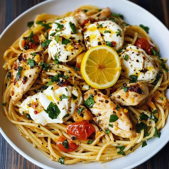 A bowl of pasta with chicken and tomatoes.