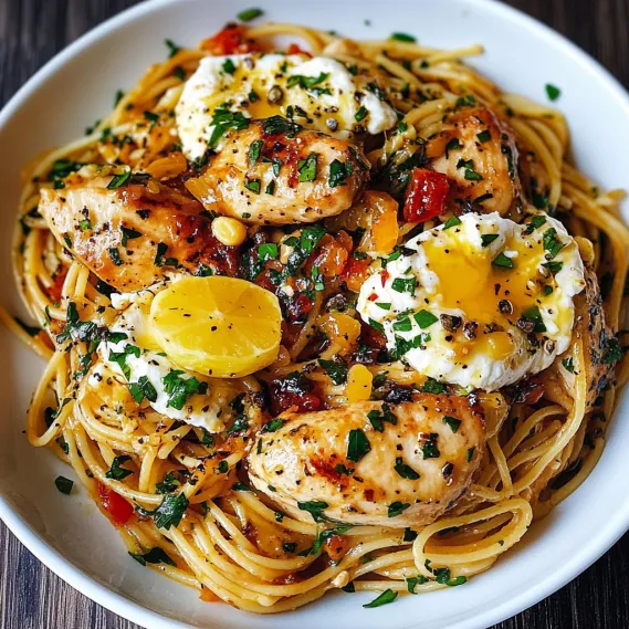 A bowl of pasta with chicken and vegetables.