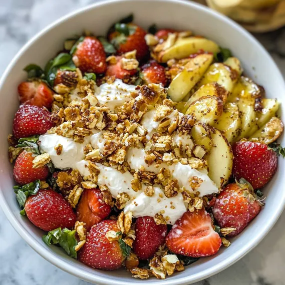 A bowl of fruit with yogurt and nuts.