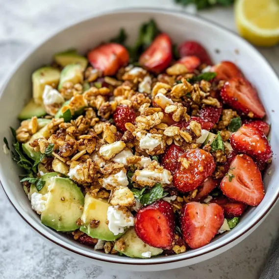 A bowl of fruit salad with strawberries, bananas, and walnuts.