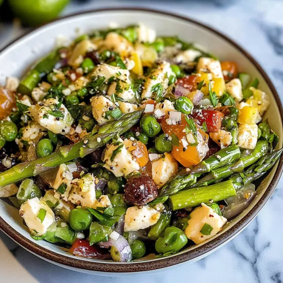 A bowl of food with green beans, peas, and tomatoes.