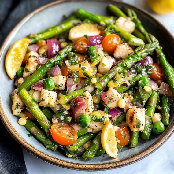 A bowl of food with green beans, tomatoes, and chicken.