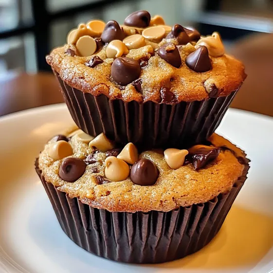 Two chocolate chip muffins with peanut butter topping.