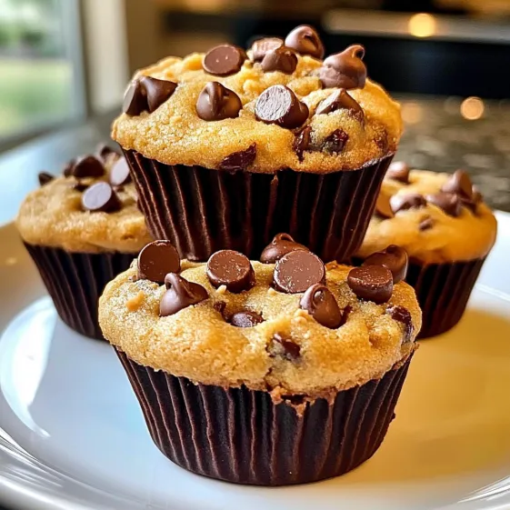Three chocolate chip muffins on a plate.