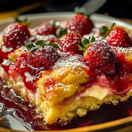 A slice of cake with strawberries on top.