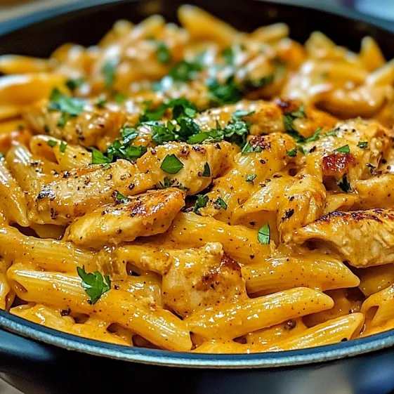 A bowl of pasta with chicken and vegetables.