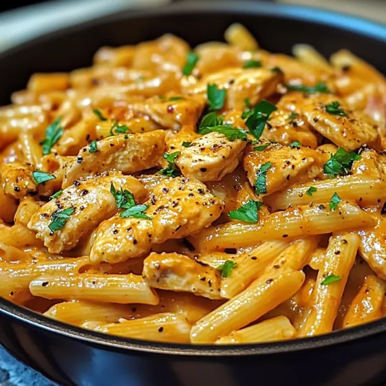 A bowl of pasta with chicken and herbs.