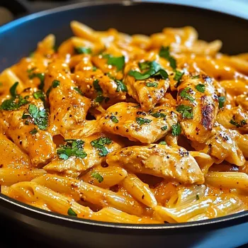 A pan of chicken and pasta.