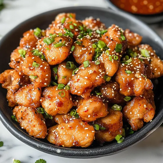 A bowl of chicken with green onions.