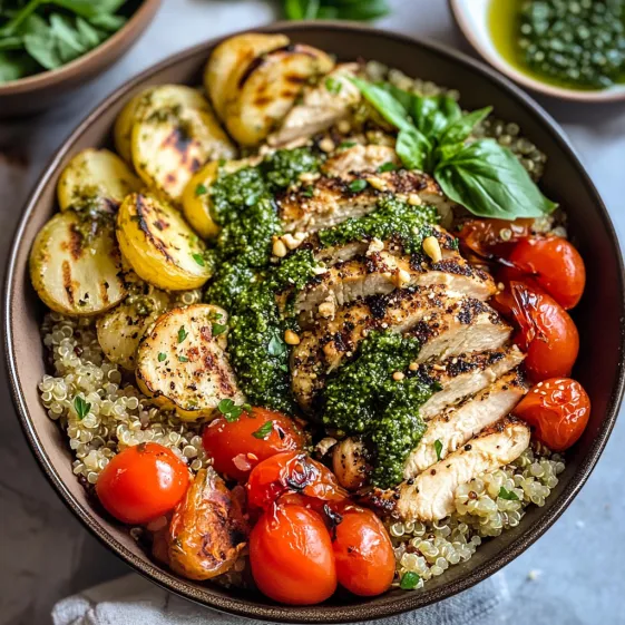 A bowl of food with tomatoes, chicken, and spinach.