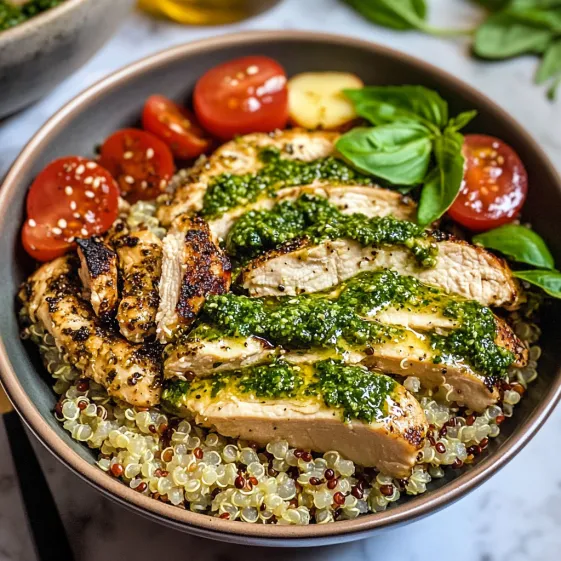 A bowl of food with chicken and tomatoes.