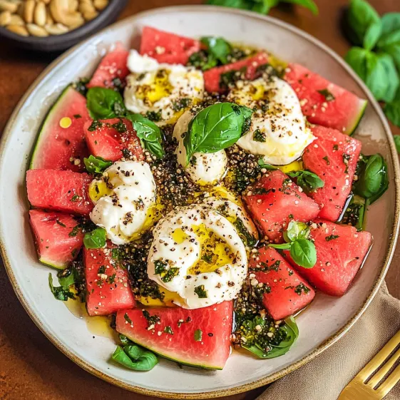 A plate of watermelon with cheese and basil.