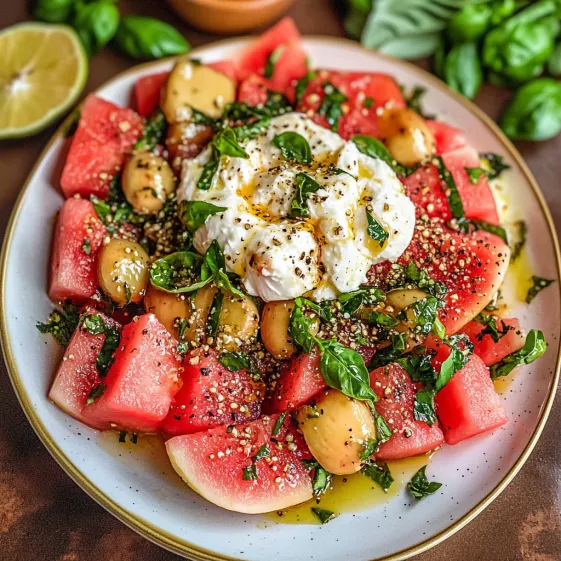 A plate of watermelon with cheese on top.