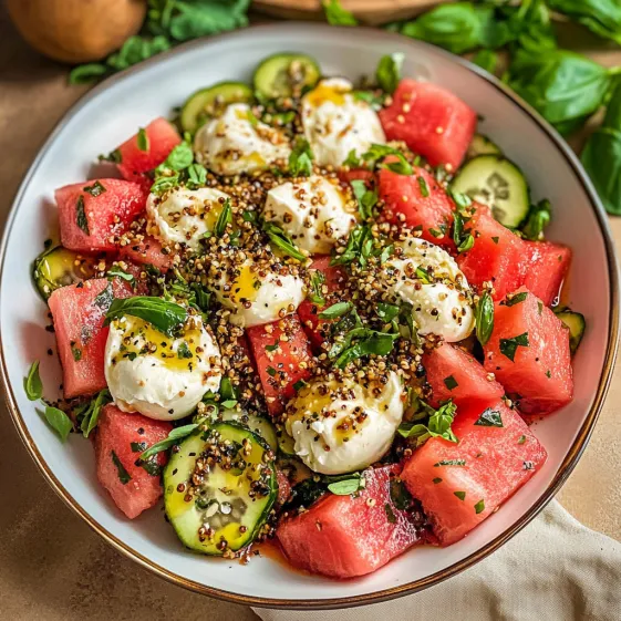 A bowl of fruit with watermelon, cucumber, and cheese.