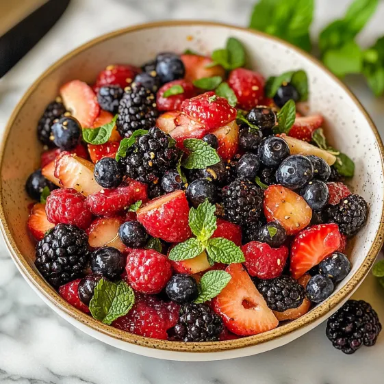 A bowl of fruit with strawberries, blueberries, and blackberries.