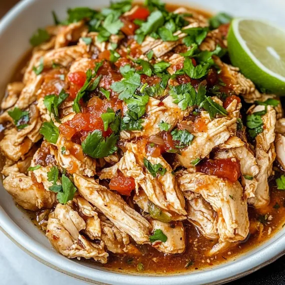 A bowl of chicken with tomatoes and lime.