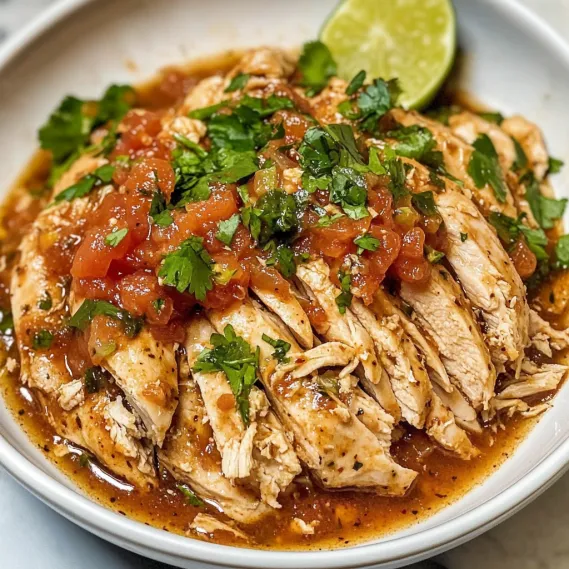 A bowl of chicken with tomatoes and lime.