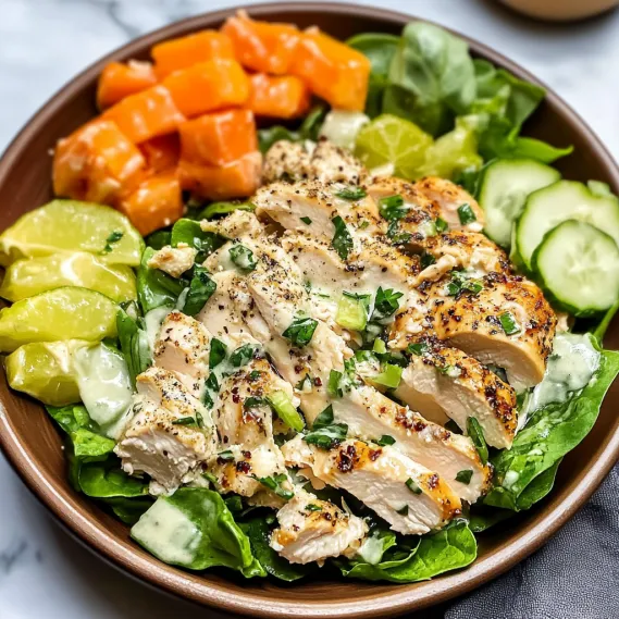 A bowl of salad with chicken, cucumbers, and carrots.