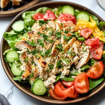 A bowl of salad with chicken, tomatoes, cucumbers, and lettuce.