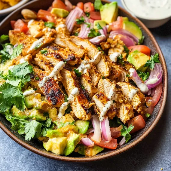A bowl of food with chicken and vegetables.