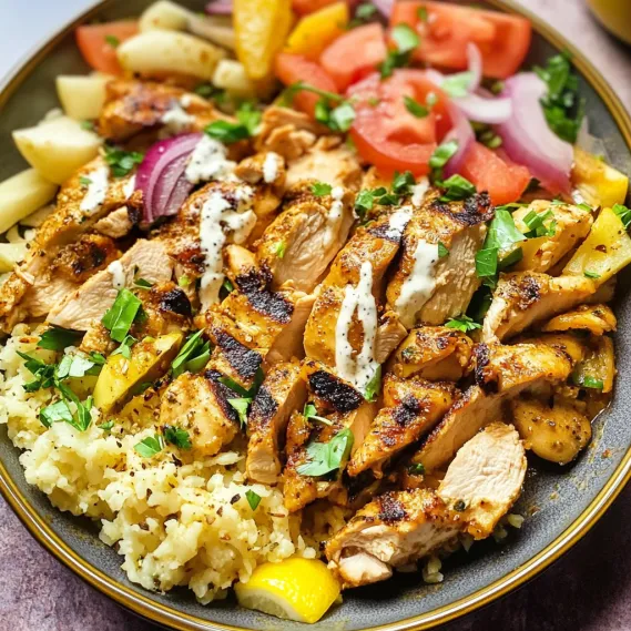 A plate of food with chicken, rice, and vegetables.