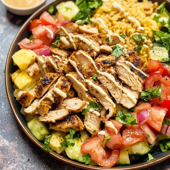 A plate of food with chicken, tomatoes, and rice.