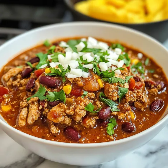 A bowl of chili with beans, corn, and cheese.