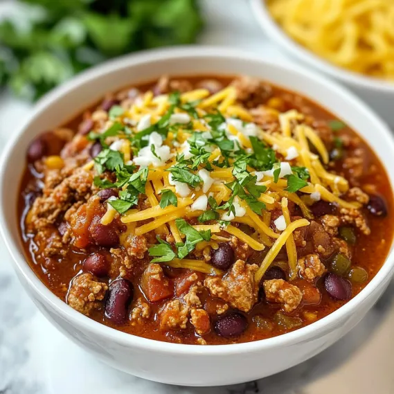 A bowl of chili with cheese and beans.