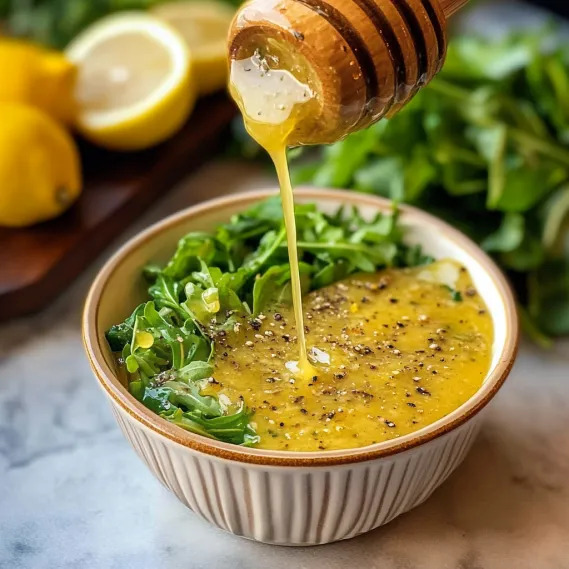 A bowl of greens with honey drizzled on top.
