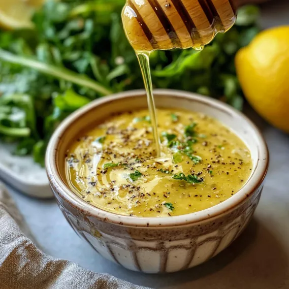 A bowl of soup with honey drizzled on top.