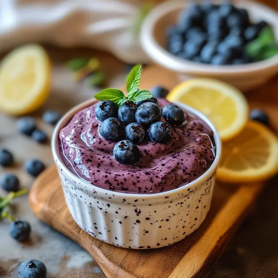 A bowl of blueberry yogurt with a lemon wedge on top.