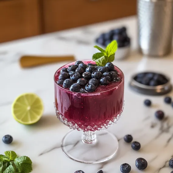 A glass of blueberry juice with a blueberry on top.