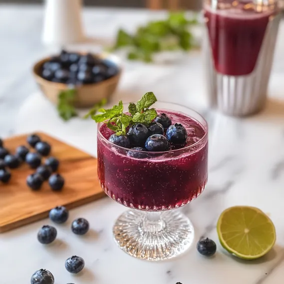 A glass of blueberry juice with a mint garnish.