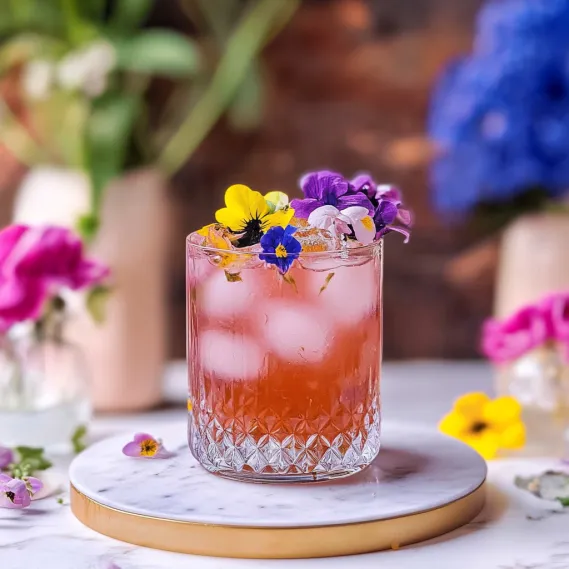 A glass of pink drink with yellow flowers in it.