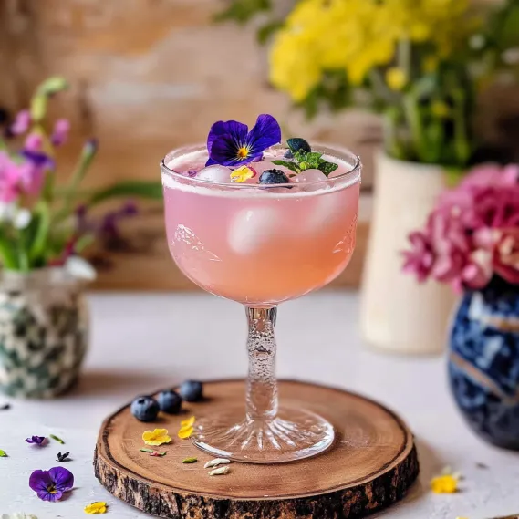 A glass of pink drink with blueberries and purple flowers.