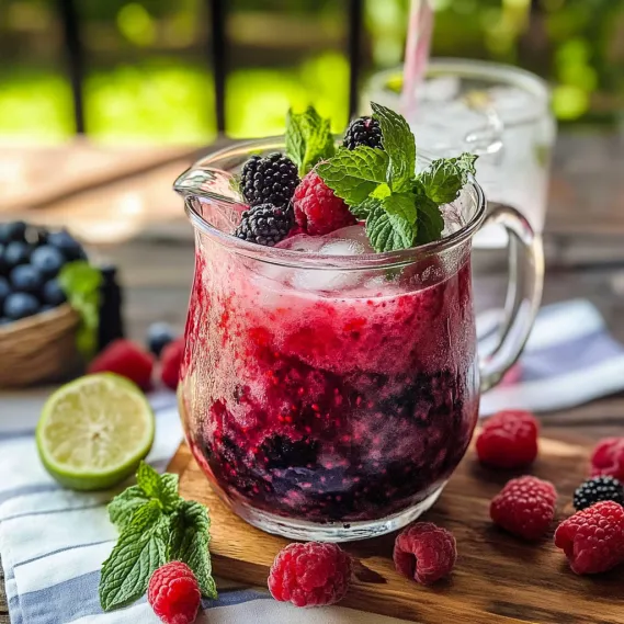 A glass of raspberry juice with mint leaves.