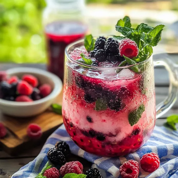 A glass of berry juice with a mint garnish.