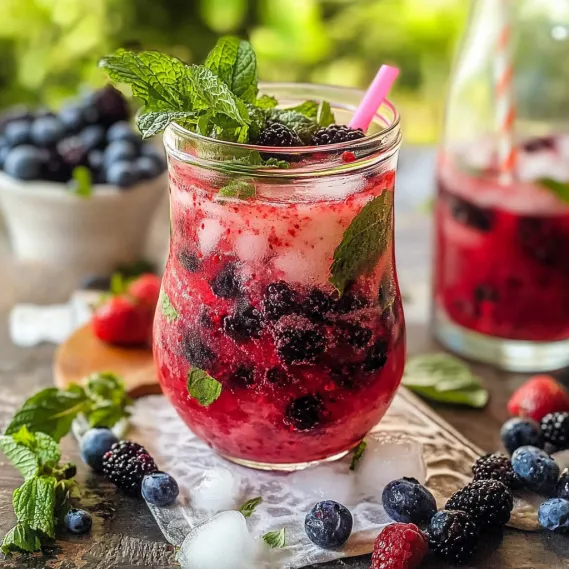 A glass of red berry juice with a mint garnish.